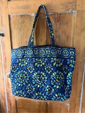 Vera Bradley Navy Quilted Floral Tote with Blue and Lime Accents
